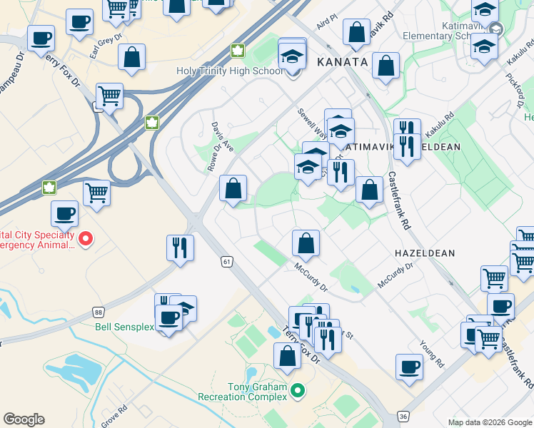 map of restaurants, bars, coffee shops, grocery stores, and more near 13 McIntosh Way in Ottawa
