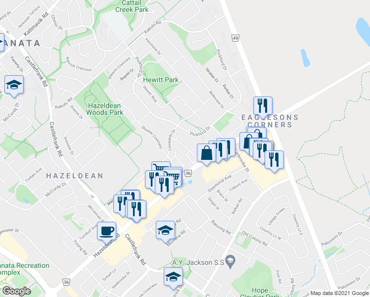 map of restaurants, bars, coffee shops, grocery stores, and more near 46 Lightfoot Place in Ottawa
