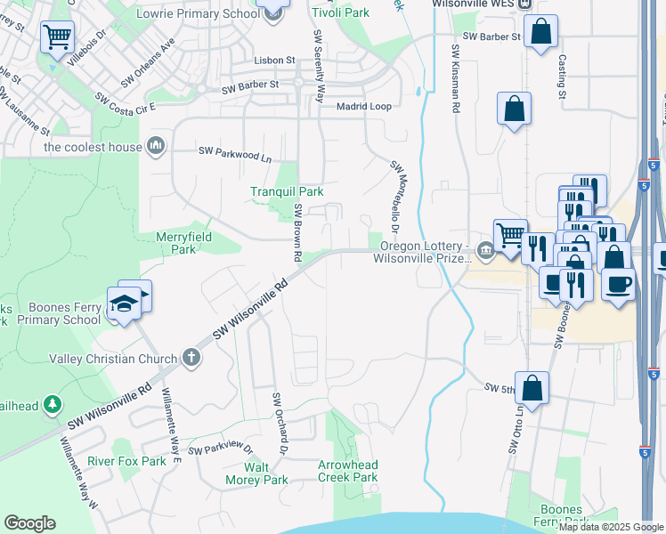map of restaurants, bars, coffee shops, grocery stores, and more near 10457 Southwest Wilsonville Road in Wilsonville