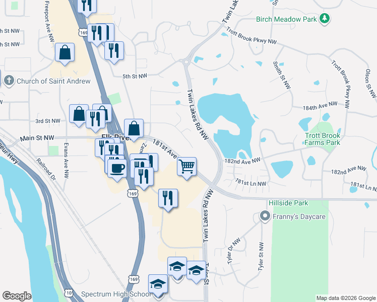 map of restaurants, bars, coffee shops, grocery stores, and more near 11038 183rd Circle Northwest in Elk River