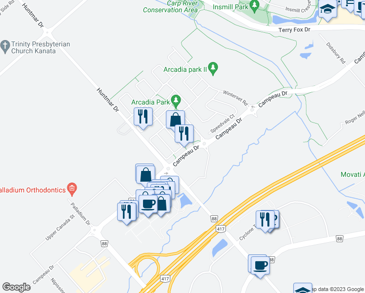 map of restaurants, bars, coffee shops, grocery stores, and more near 322 Brettonwood Ridge in Ottawa