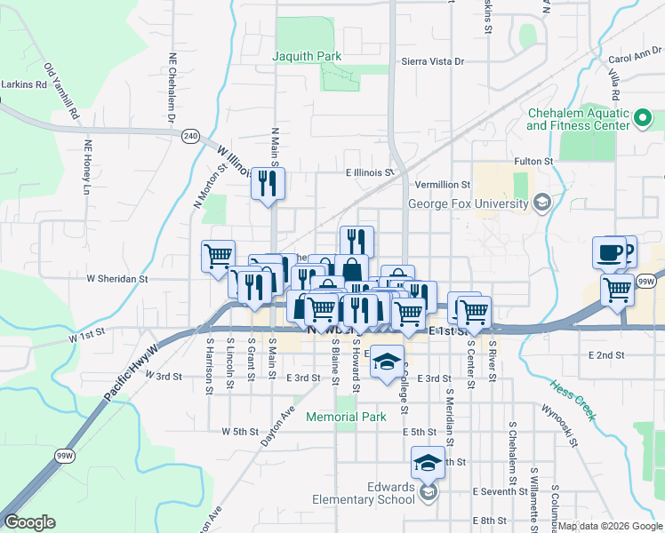 map of restaurants, bars, coffee shops, grocery stores, and more near 314 East Sherman Street in Newberg