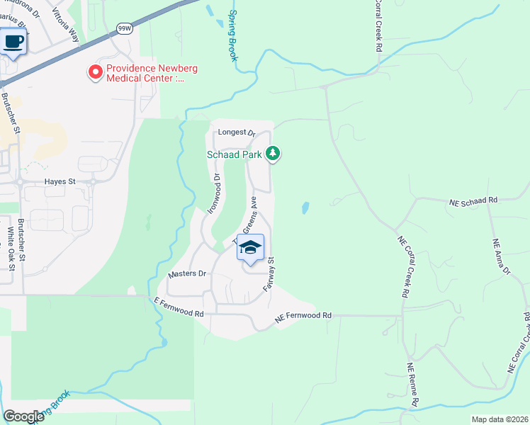 map of restaurants, bars, coffee shops, grocery stores, and more near 368 Fairway Street in Newberg
