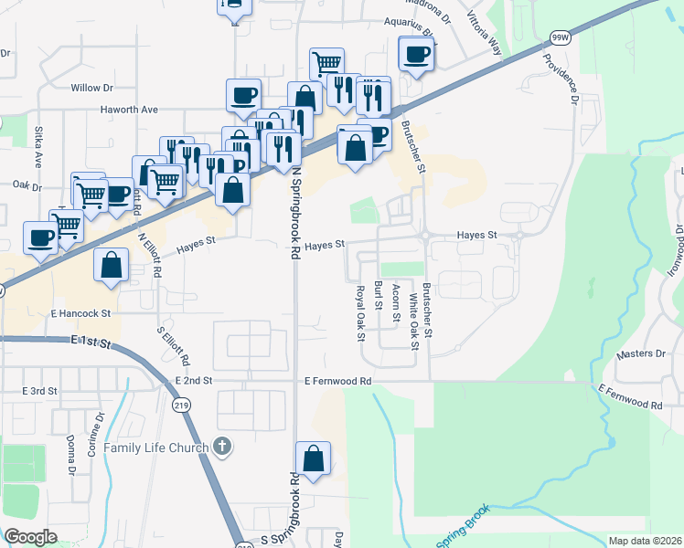 map of restaurants, bars, coffee shops, grocery stores, and more near 319 Oak Leaf Street in Newberg