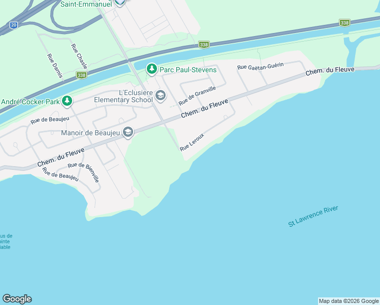 map of restaurants, bars, coffee shops, grocery stores, and more near 102 Rue Leroux in Coteau-du-Lac