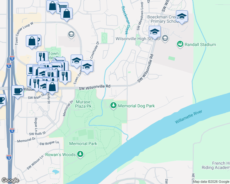 map of restaurants, bars, coffee shops, grocery stores, and more near 7505 Southwest Schroeder Way in Wilsonville
