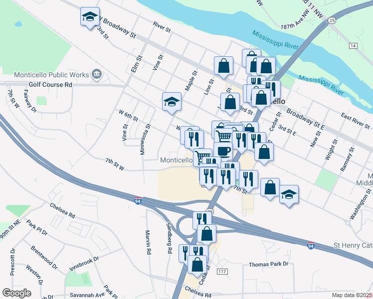 map of restaurants, bars, coffee shops, grocery stores, and more near 330 West 6th Street in Monticello