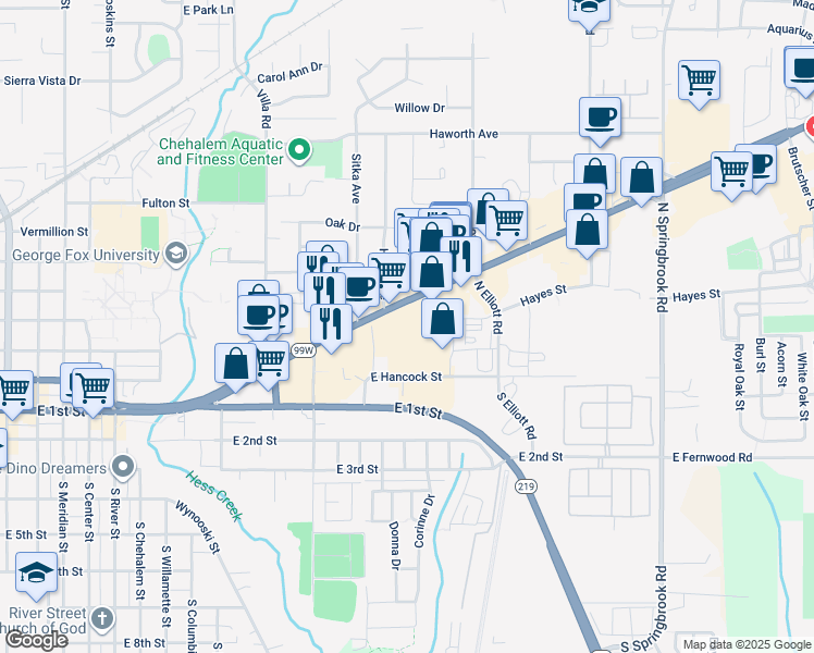 map of restaurants, bars, coffee shops, grocery stores, and more near 2213-2301 East Portland Road in Newberg
