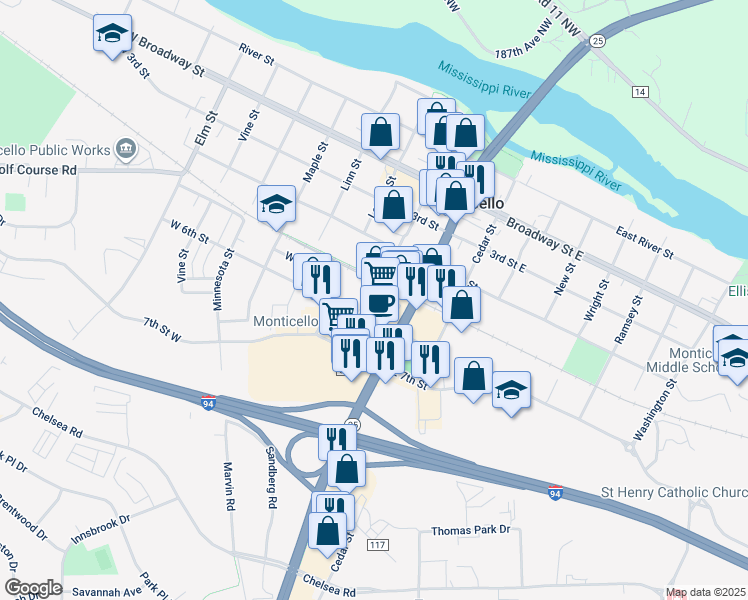 map of restaurants, bars, coffee shops, grocery stores, and more near County Highway 58 in Monticello