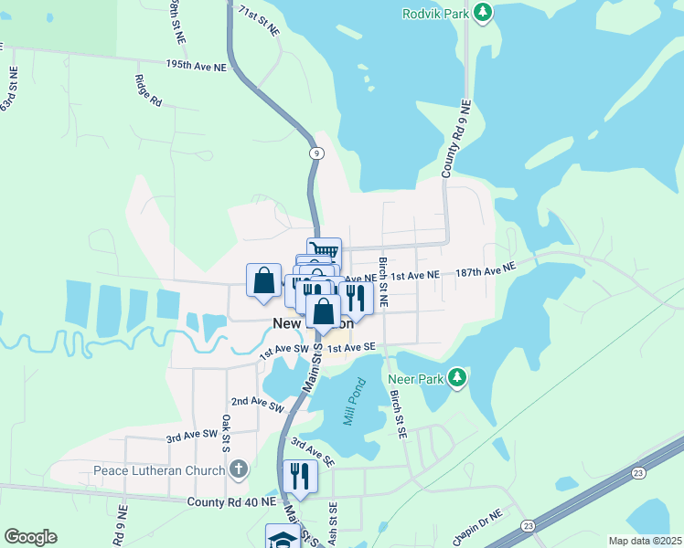 map of restaurants, bars, coffee shops, grocery stores, and more near 109 Ash Street Northeast in New London