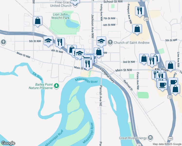 map of restaurants, bars, coffee shops, grocery stores, and more near 653 Main Street Northwest in Elk River