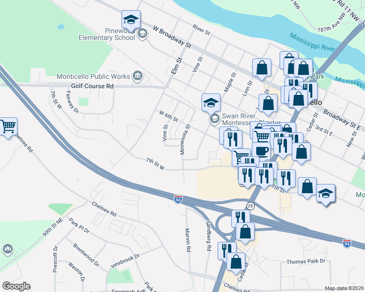 map of restaurants, bars, coffee shops, grocery stores, and more near 106 Pine Street in Monticello