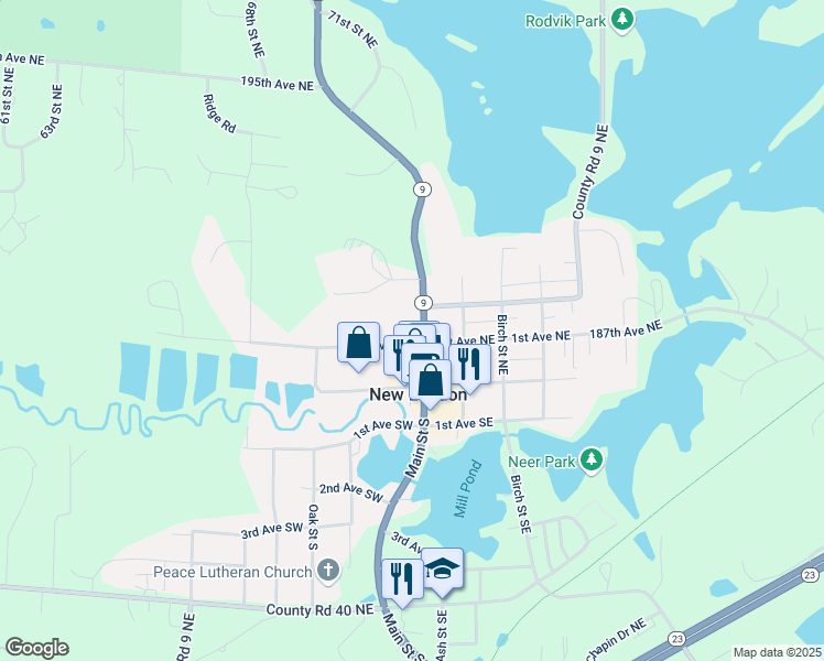 map of restaurants, bars, coffee shops, grocery stores, and more near 10 1st Avenue Northeast in New London