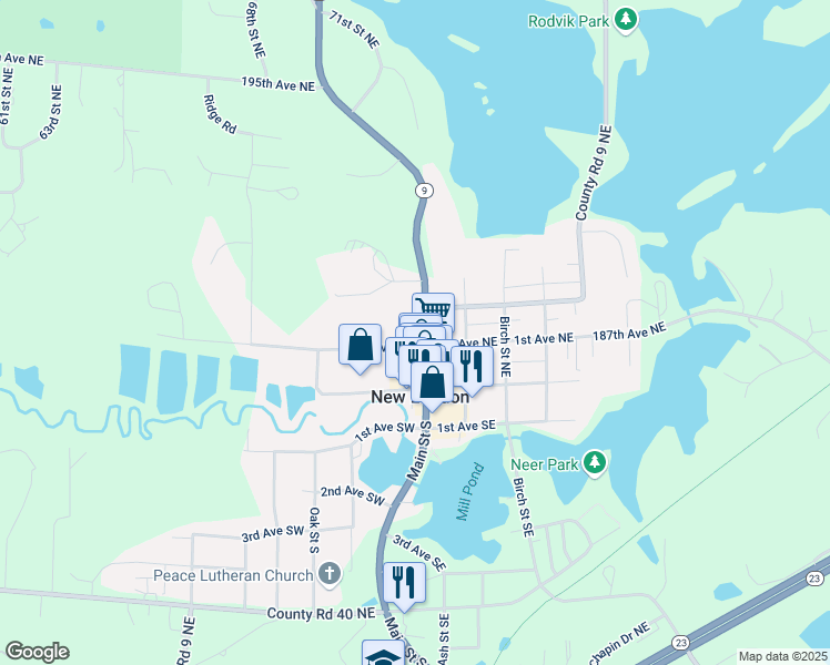 map of restaurants, bars, coffee shops, grocery stores, and more near 10 1st Avenue Northeast in New London