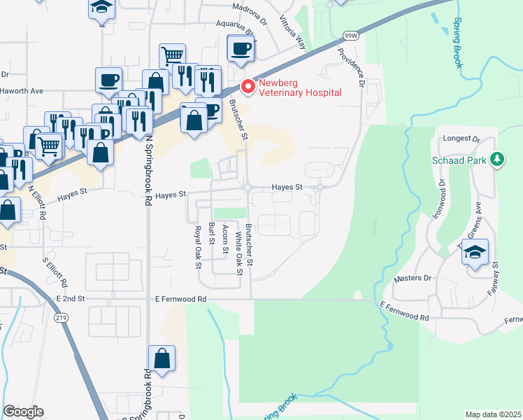 map of restaurants, bars, coffee shops, grocery stores, and more near 3817 Oak Meadows Loop in Newberg