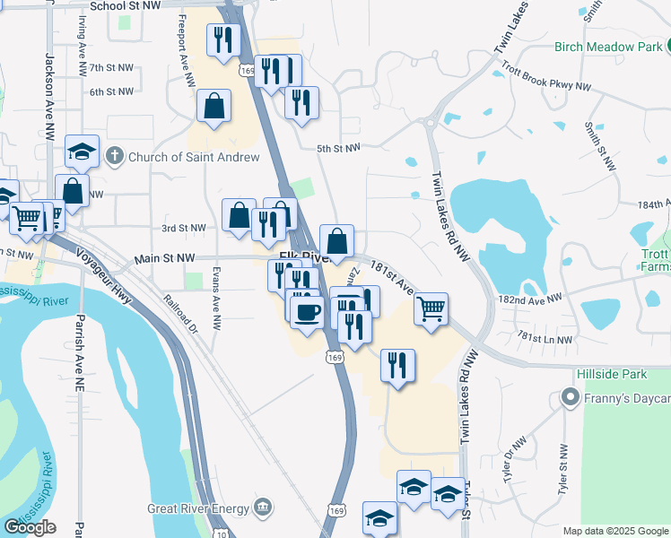 map of restaurants, bars, coffee shops, grocery stores, and more near 18296 Zane Street Northwest in Elk River