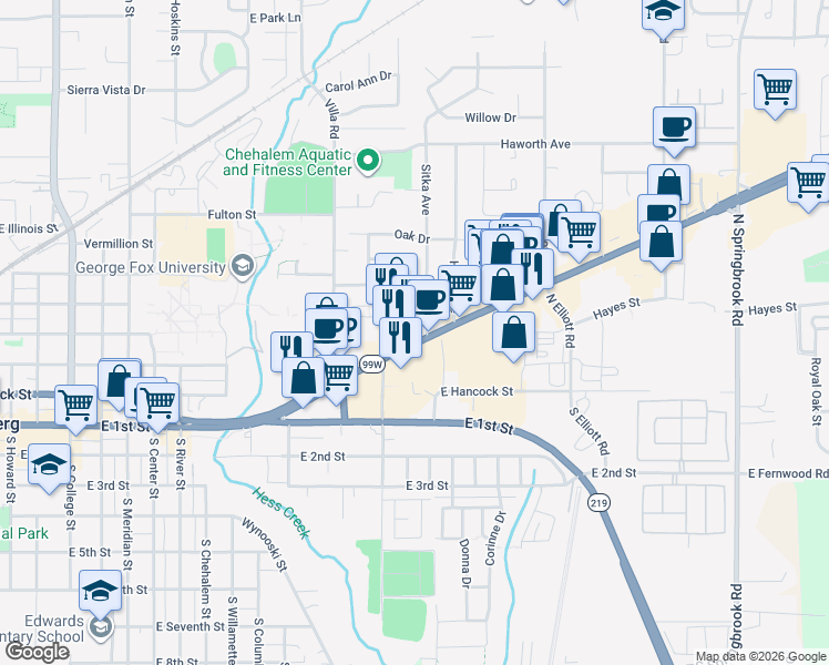 map of restaurants, bars, coffee shops, grocery stores, and more near 2017 Portland Road in Newberg