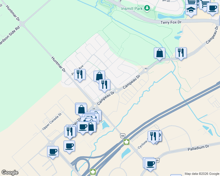 map of restaurants, bars, coffee shops, grocery stores, and more near 322 Brettonwood Ridge in Ottawa