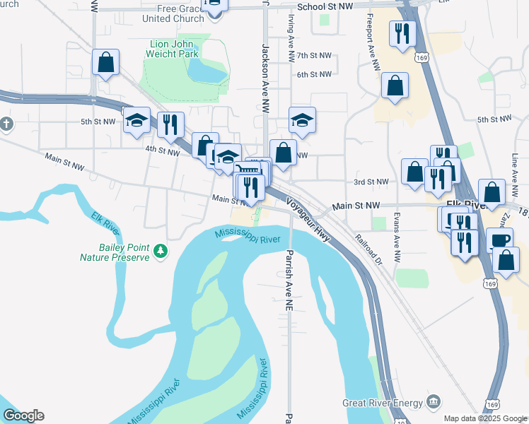 map of restaurants, bars, coffee shops, grocery stores, and more near 653 Main Street Northwest in Elk River