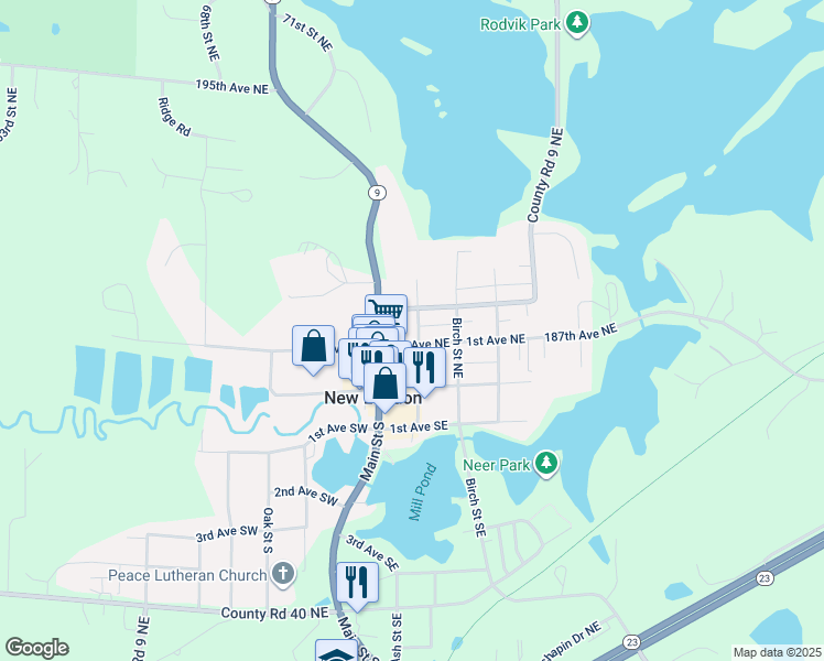 map of restaurants, bars, coffee shops, grocery stores, and more near 109 Ash Street Northeast in New London