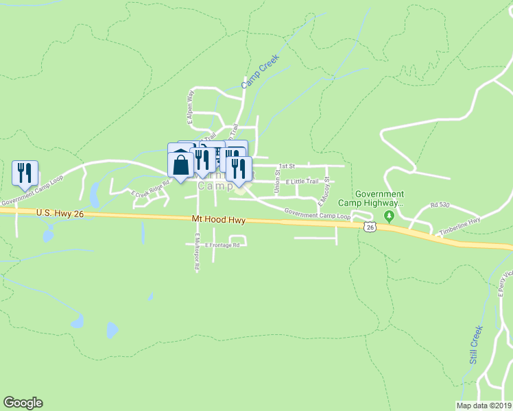 map of restaurants, bars, coffee shops, grocery stores, and more near 89110 Government Camp Loop in Government Camp
