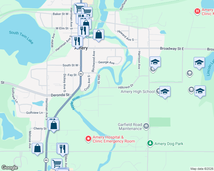 map of restaurants, bars, coffee shops, grocery stores, and more near 321 Hillcrest Drive in Amery