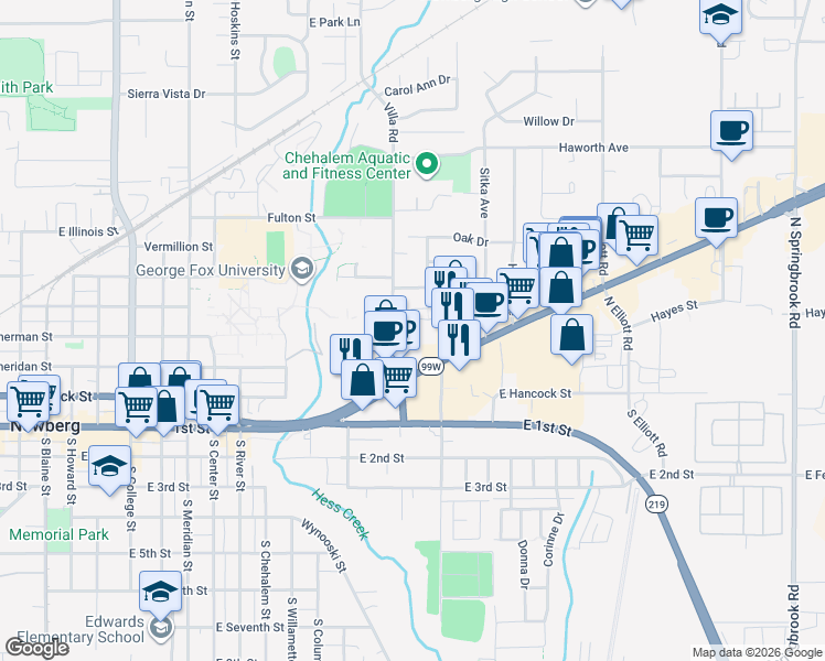 map of restaurants, bars, coffee shops, grocery stores, and more near 502 Villa Road in Newberg