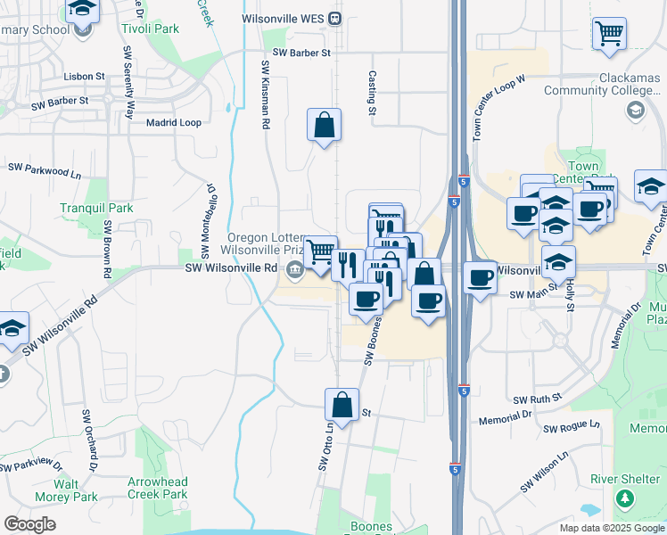 map of restaurants, bars, coffee shops, grocery stores, and more near Southwest Wilsonville Road in Wilsonville