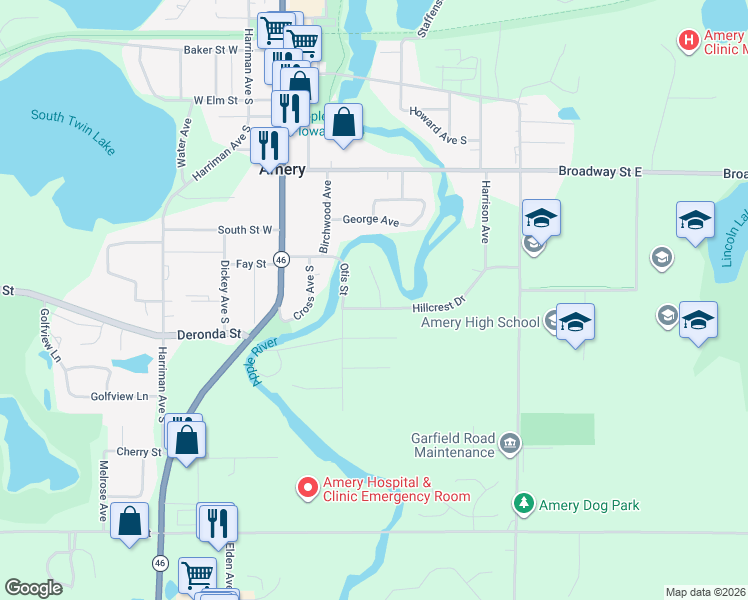 map of restaurants, bars, coffee shops, grocery stores, and more near 321 Hillcrest Drive in Amery