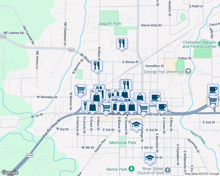 map of restaurants, bars, coffee shops, grocery stores, and more near 209 East Sherman Street in Newberg