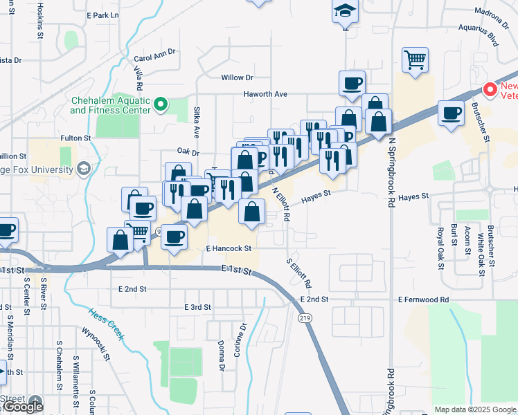 map of restaurants, bars, coffee shops, grocery stores, and more near 2510 Portland Road in Newberg