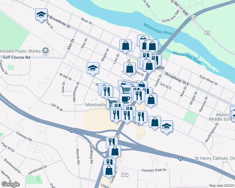 map of restaurants, bars, coffee shops, grocery stores, and more near 505 Walnut Street in Monticello