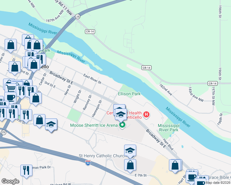 map of restaurants, bars, coffee shops, grocery stores, and more near 718 East River Street in Monticello