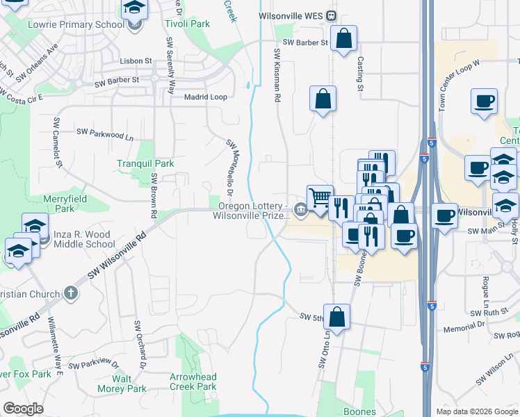 map of restaurants, bars, coffee shops, grocery stores, and more near 10040 Southwest Wilsonville Road in Wilsonville