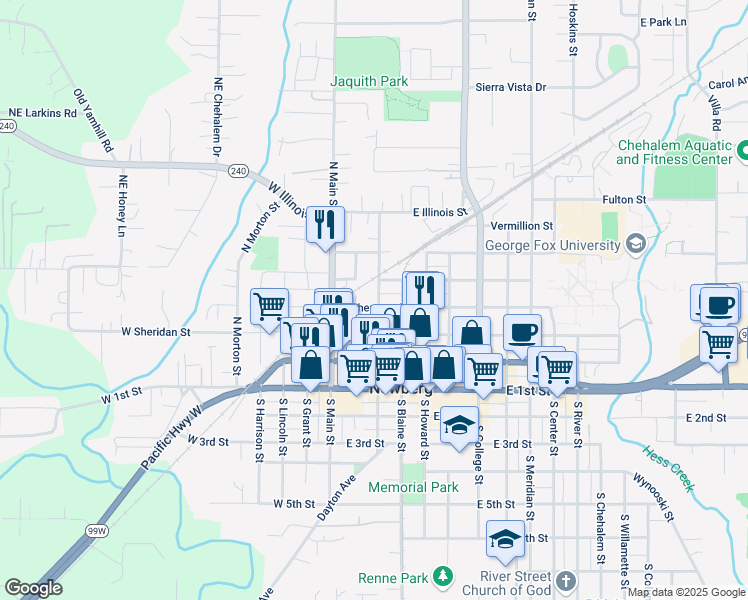 map of restaurants, bars, coffee shops, grocery stores, and more near 209 East Sherman Street in Newberg