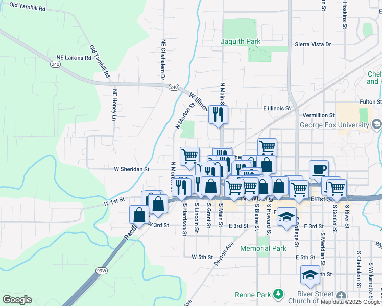 map of restaurants, bars, coffee shops, grocery stores, and more near 315 West Sherman Street in Newberg