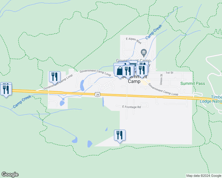 map of restaurants, bars, coffee shops, grocery stores, and more near 30684 East Ski Bowl Way in Government Camp