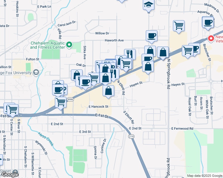 map of restaurants, bars, coffee shops, grocery stores, and more near 2510 Portland Road in Newberg