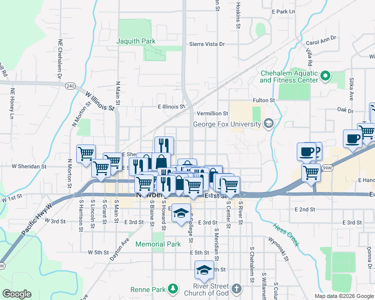 map of restaurants, bars, coffee shops, grocery stores, and more near 403 North College Street in Newberg
