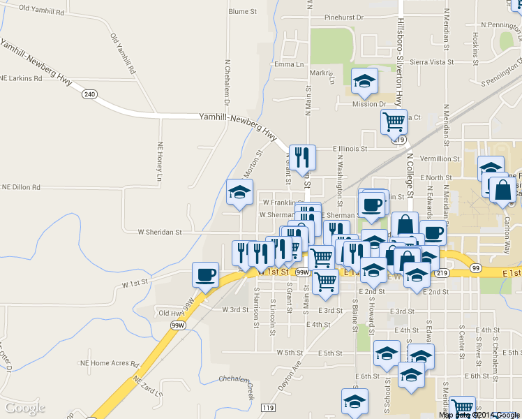 map of restaurants, bars, coffee shops, grocery stores, and more near 315 W Sherman St in Newberg