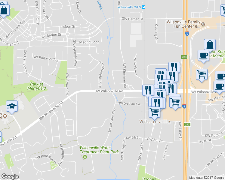 map of restaurants, bars, coffee shops, grocery stores, and more near 10081-10099 Southwest Wilsonville Road in Wilsonville