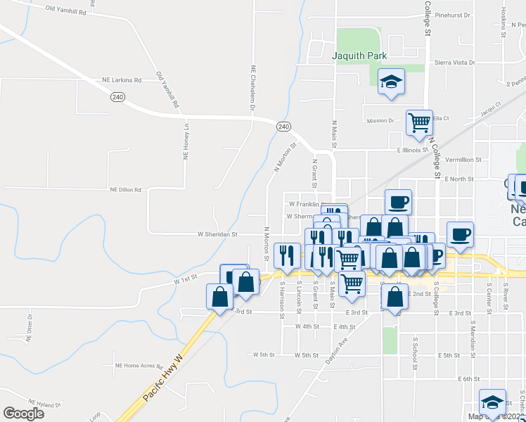 map of restaurants, bars, coffee shops, grocery stores, and more near 401 North Morton Street in Newberg