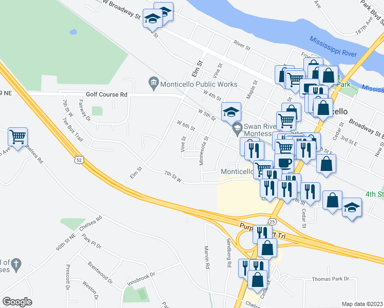 map of restaurants, bars, coffee shops, grocery stores, and more near 616 6 1/2 Street in Monticello