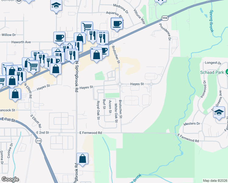 map of restaurants, bars, coffee shops, grocery stores, and more near 3712 Bur Oak Street in Newberg