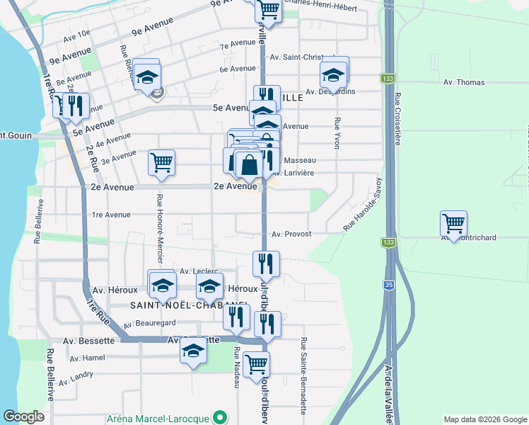 map of restaurants, bars, coffee shops, grocery stores, and more near 835 Boulevard d'Iberville in Saint-Jean-sur-Richelieu