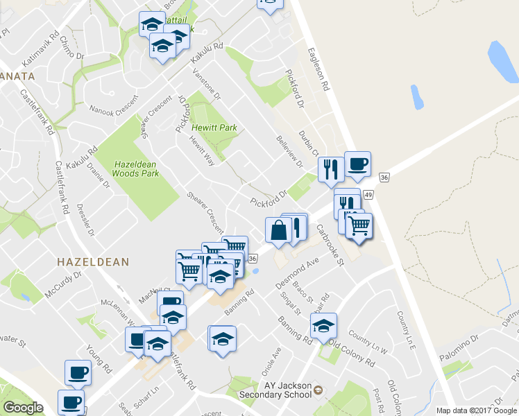 map of restaurants, bars, coffee shops, grocery stores, and more near 373 Pickford Drive in Ottawa
