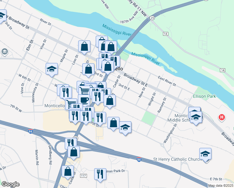 map of restaurants, bars, coffee shops, grocery stores, and more near 213 4th Street East in Monticello