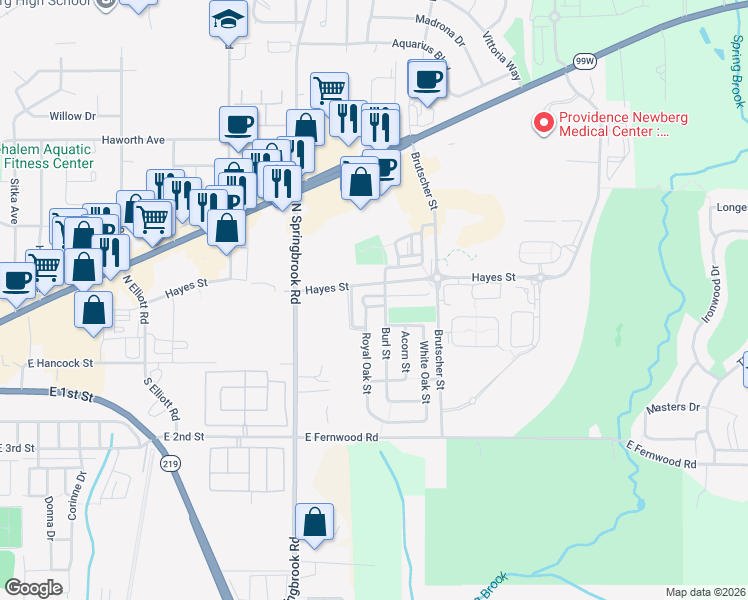 map of restaurants, bars, coffee shops, grocery stores, and more near 3513 Willow Oak Drive in Newberg