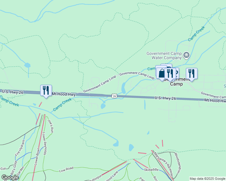map of restaurants, bars, coffee shops, grocery stores, and more near Mount Hood Highway in Government Camp