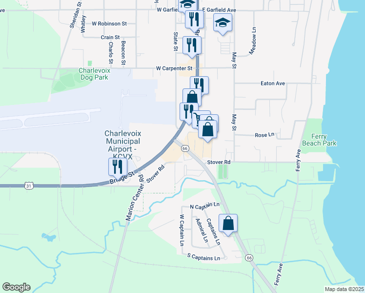 map of restaurants, bars, coffee shops, grocery stores, and more near Stover Road in Charlevoix